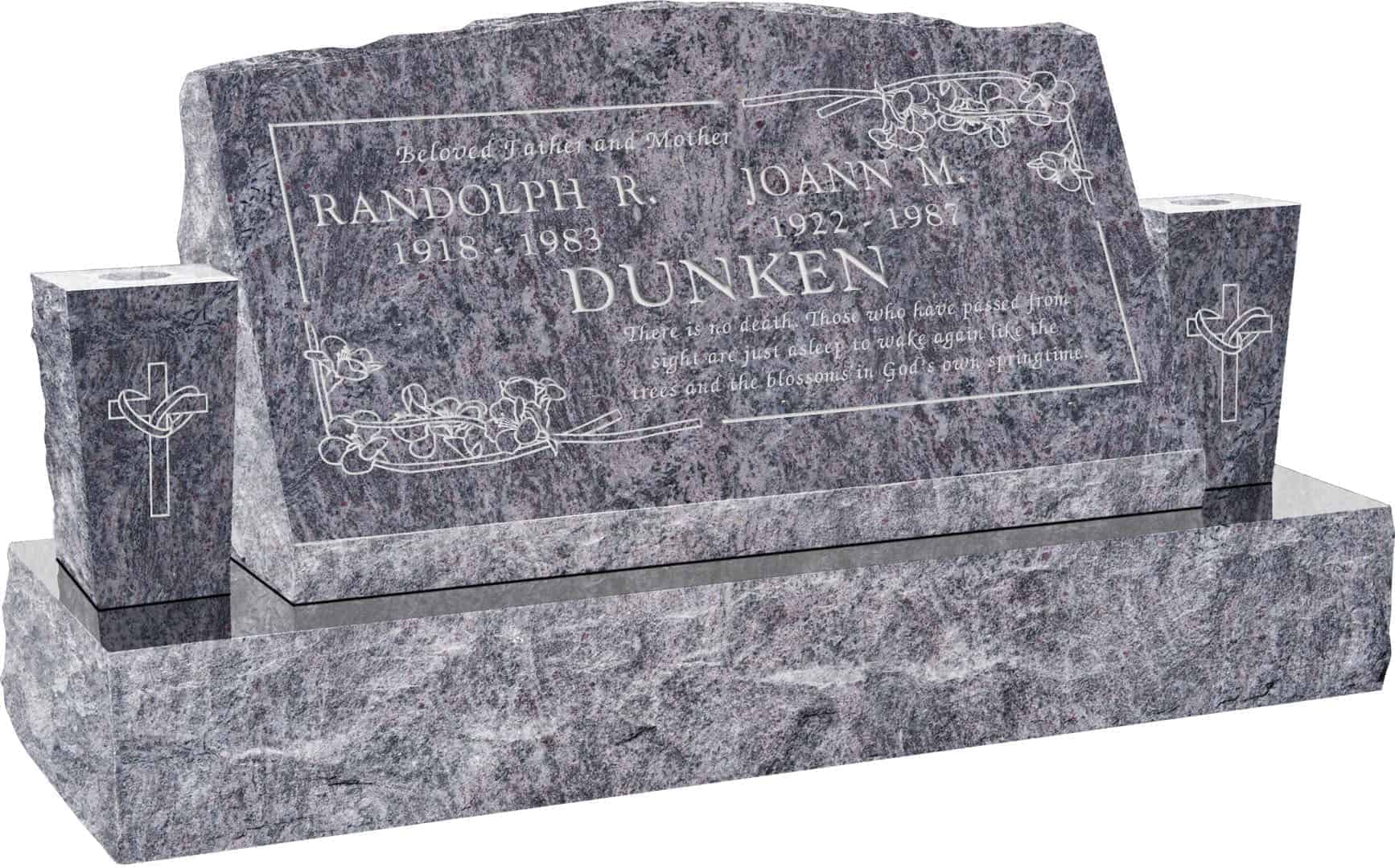 30inch_x_10inch_x_16inch_Serp_Top_Slant_Headstone_polished_front_and_back_with_42inch_Base_and_two_square_tapered_Vases_in_Bahama_Blue_with_design_B-9 30inch x 10inch x 16inch Serp Top Slant Headstone_polished_front_and_back_with_42inch_Base_and_two_square_tapered Vases in Bahama Blue with design B-9