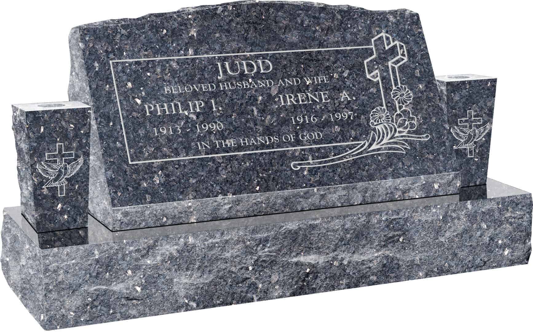 30inch_x_10inch_x_16inch_Serp_Top_Slant_Headstone_polished_front_and_back_with_42inch_Base_and_two_square_tapered_Vases_in_Blue_Pearl_with_design_C-46 30inch x 10inch x 16inch Serp Top Slant Headstone polished front and back with 42inch Base and two square tapered Vases in Blue Pearl with design C-46