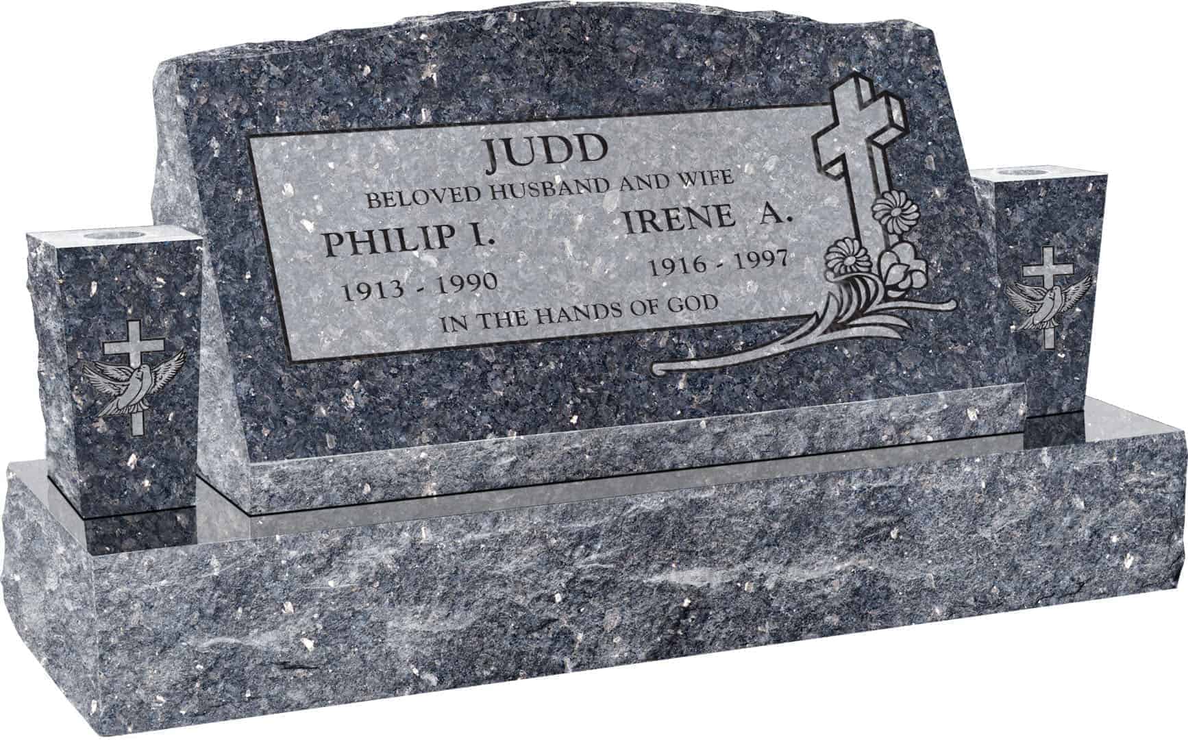 30inch_x_10inch_x_16inch_Serp_Top_Slant_Headstone_polished_front_and_back_with_42inch_Base_and_two_square_tapered_Vases_in_Blue_Pearl_with_design_C-46,_Sanded_Panel 30inch x 10inch x 16inch Serp Top Slant Headstone polished front and back with 42inch Base and two square tapered Vases in Blue Pearl with design C-46, Sanded Panel