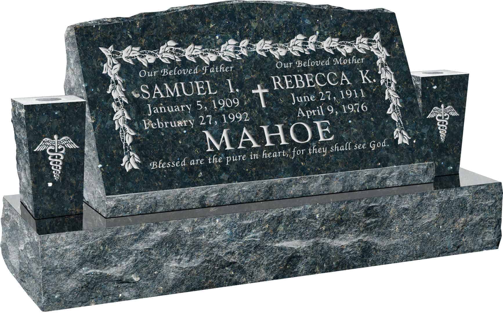 30inch_x_10inch_x_16inch_Serp_Top_Slant_Headstone_polished_front_and_back_with_42inch_Base_and_two_square_tapered_Vases_in_Emerald_Pearl_with_design_K-3 30inch x 10inch x 16inch Serp Top Slant Headstone polished front and back with 42inch Base and two square tapered Vases in Emerald Pearl with design K-3