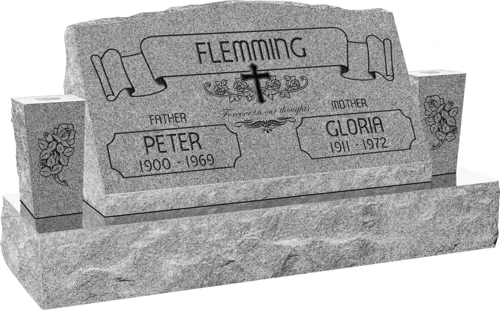 30inch_x_10inch_x_16inch_Serp_Top_Slant_Headstone_polished_front_and_back_with_42inch_Base_and_two_square_tapered_Vases_in_Grey_with_design_AS-021 30inch x 10inch x 16inch Serp Top Slant Headstone polished front and back with 42inch Base and two square tapered Vases in Grey with design AS-021