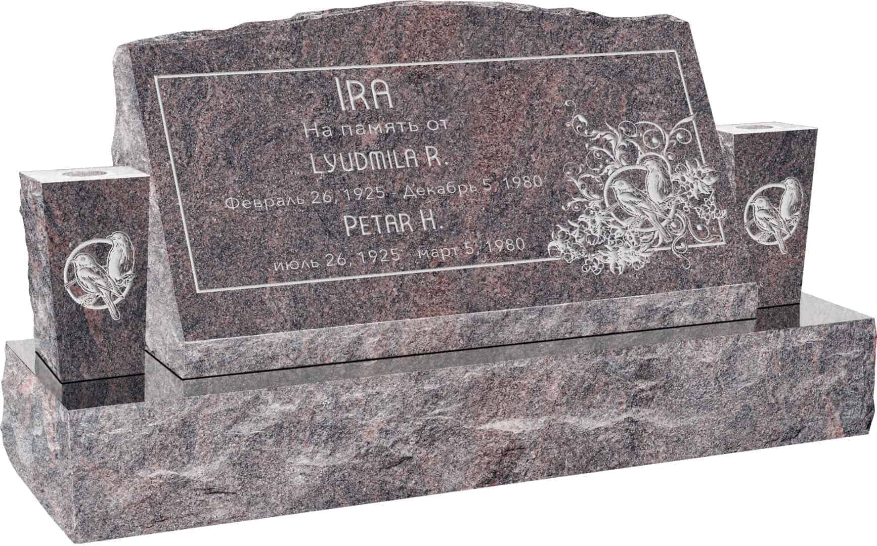 30inch_x_10inch_x_16inch_Serp_Top_Slant_Headstone_polished_front_and_back_with_42inch_Base_and_two_square_tapered_Vases_in_Himalayan_with_design_AS-010 30inch x 10inch x 16inch Serp Top Slant Headstone polished front and back with 42inch Base and two square tapered Vases in Himalayan with design AS-010