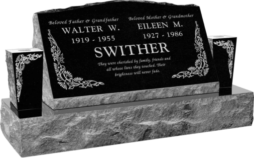 30inch x 10inch x 16inch Serp Top Slant Headstone polished front and back with 42inch Base and two square tapered Vases in Imperial Black with design B-6