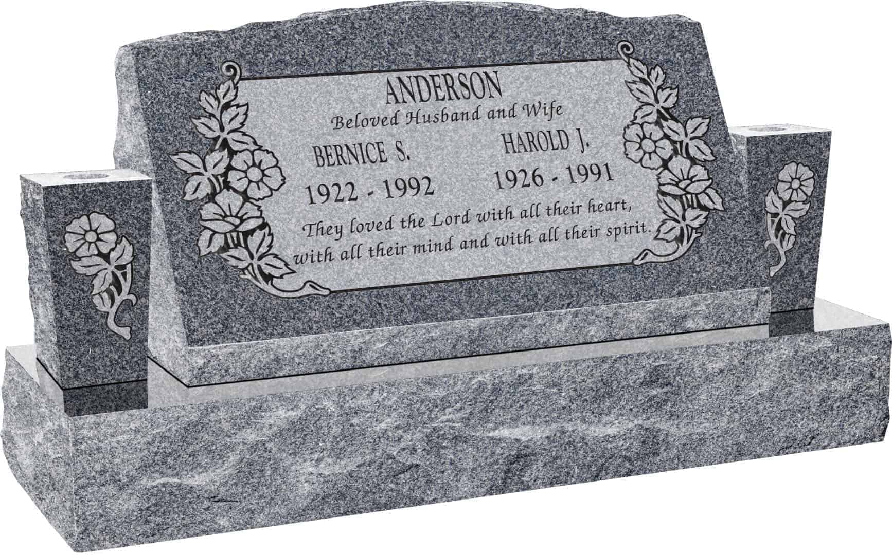 30inch_x_10inch_x_16inch_Serp_Top_Slant_Headstone_polished_front_and_back_with_42inch_Base_and_two_square_tapered_Vases_in_Imperial_Grey_with_design_C-101,_Sanded_Panel 30inch x 10inch x 16inch Serp Top Slant Headstone polished front and back with 42inch Base and two square tapered Vases in Imperial Grey with design C-101, Sanded Panel