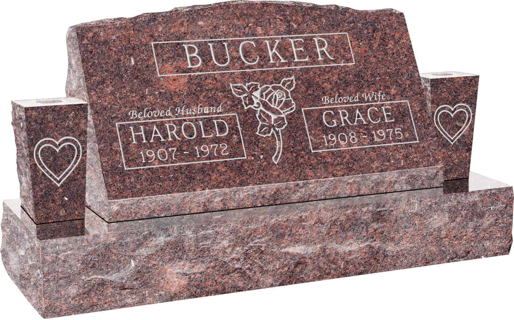 30inch_x_10inch_x_16inch_Serp_Top_Slant_Headstone_polished_front_and_back_with_42inch_Base_and_two_square_tapered_Vases_in_Mahogany_with_design_F-109 30inch x 10inch x 16inch Serp Top Slant Headstone polished front and back with 42inch Base and two square tapered Vases in Mahogany with design F-109