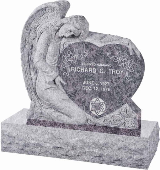 32 inch x 8 inch x 32 inch Angel with Heart Upright Headstone polished all sides with 40 inch Base in Bahama Blue