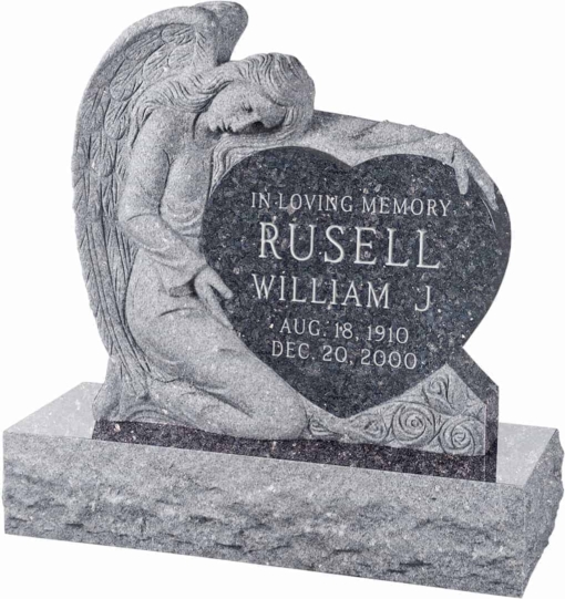 32 inch x 8 inch x 32 inch Angel with Heart Upright Headstone polished all sides with 40 inch Base in Blue Pearl