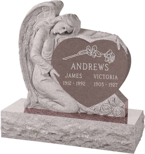 32 inch x 8 inch x 32 inch Angel with Heart Upright Headstone polished all sides with 40 inch Base in Desert Pink