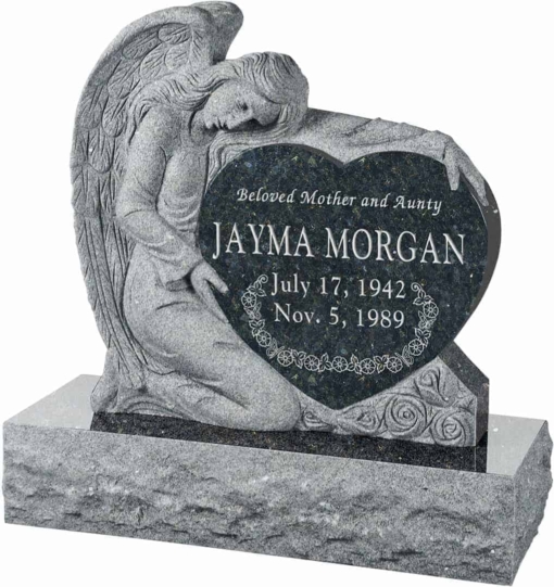 32 inch x 8 inch x 32 inch Angel with Heart Upright Headstone polished all sides with 40 inch Base in Emerald Pearl