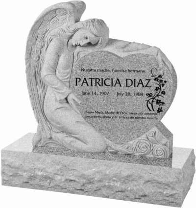 32 inch x 8 inch x 32 inch Angel with Heart Upright Headstone polished all sides with 40 inch Base in Grey