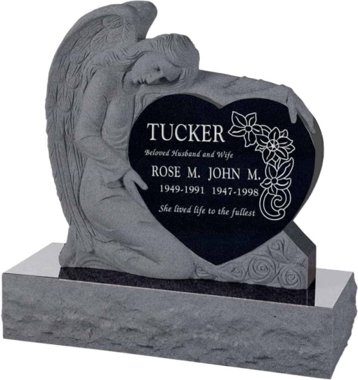 32 inch x 8 inch x 32 inch Angel with Heart Upright Headstone polished all sides with 40 inch Base in Imperial Black