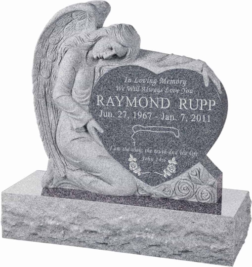 32 inch x 8 inch x 32 inch Angel with Heart Upright Headstone polished all sides with 40 inch Base in Imperial Grey