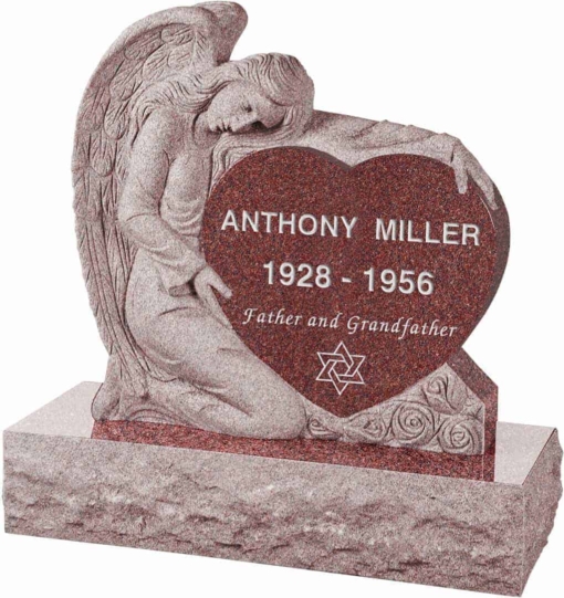 32 inch x 8 inch x 32 inch Angel with Heart Upright Headstone polished all sides with 40 inch Base in Imperial Red