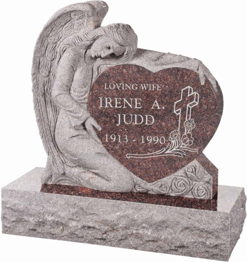 32 inch x 8 inch x 32 inch Angel with Heart Upright Headstone polished all sides with 40 inch Base in Mahogany