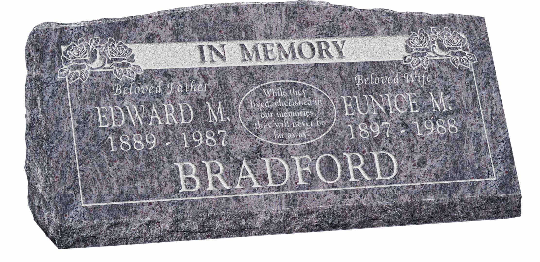 36inch_x_10inch_x_16inch_Serp_Top_Slant_Headstone_polished_front_and_back_in_Bahama_Blue_with_design_B-14