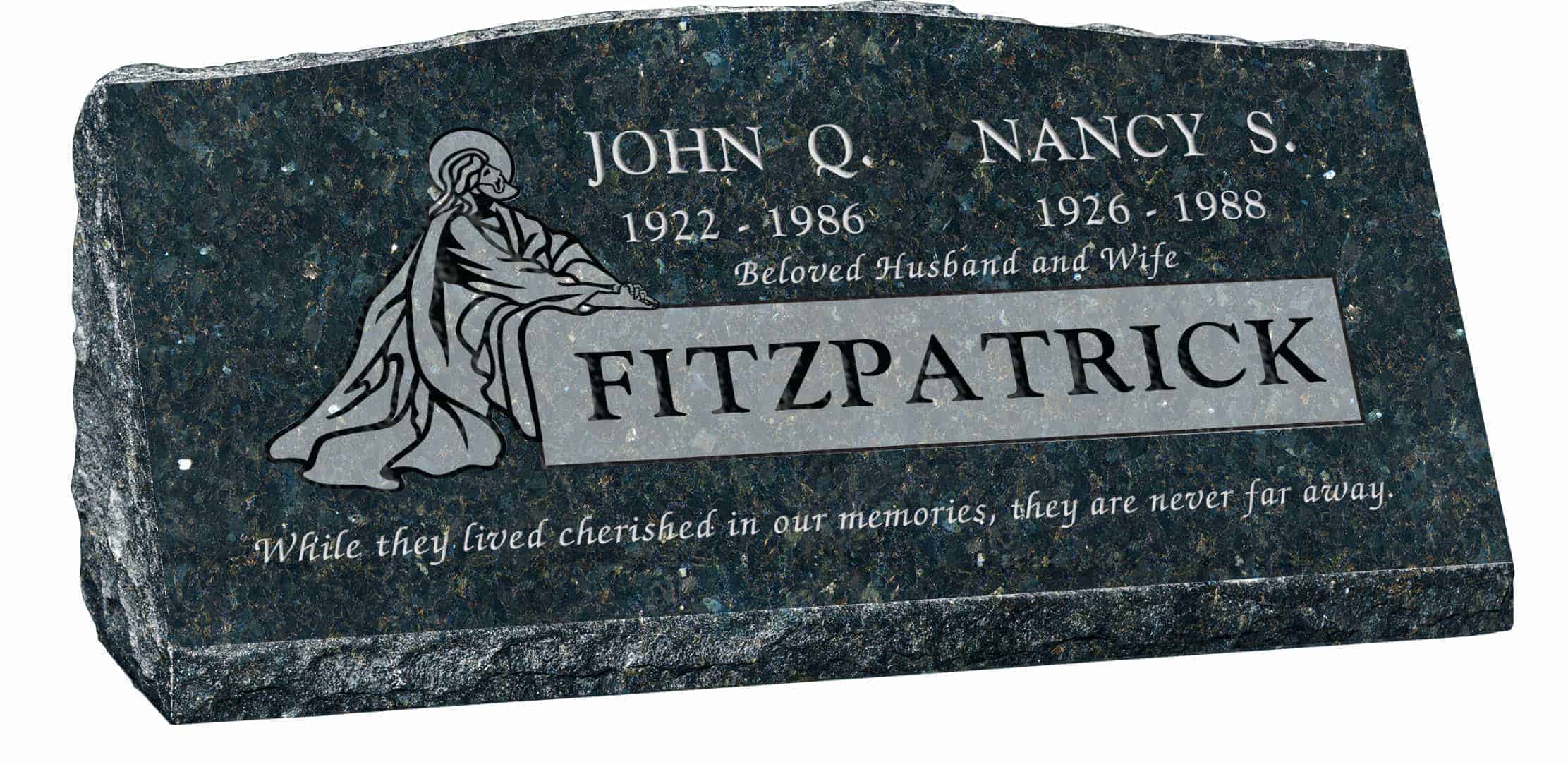 36inch_x_10inch_x_16inch_Serp_Top_Slant_Headstone_polished_front_and_back_in_Emerald_Pearl_with_design_R-6,_Sanded_Panel