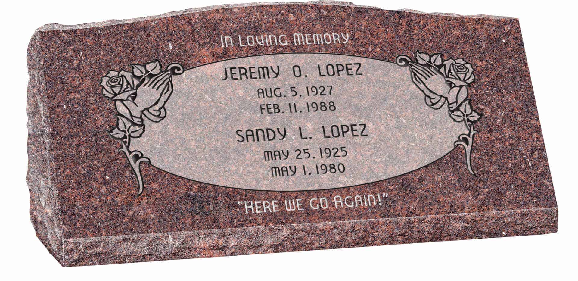 36inch_x_10inch_x_16inch_Serp_Top_Slant_Headstone_polished_front_and_back_in_Mahogany_with_design_SD-303,_Sanded_Panel