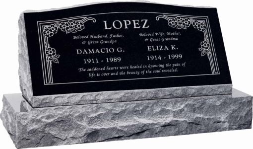 36inch x 10inch x 16inch Serp Top Slant Headstone polished front and back with 42inch base in Imperial Black with design HL-102