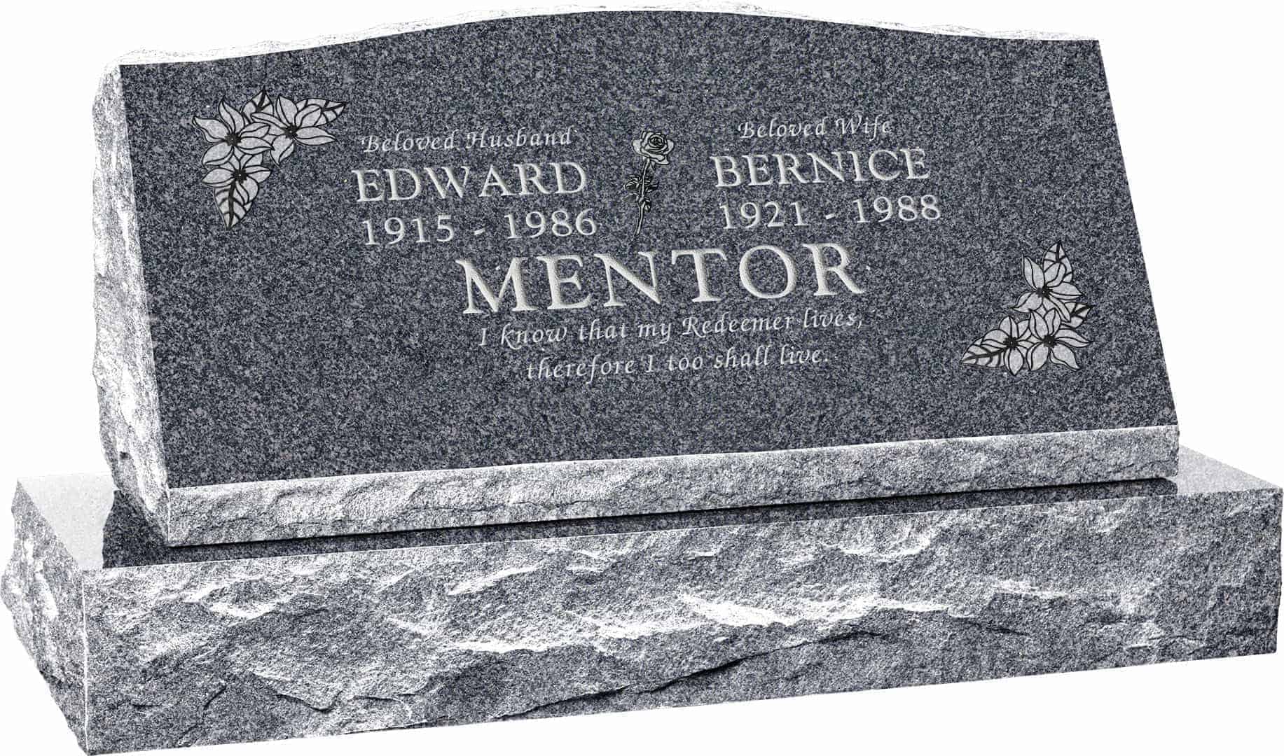 36inch_x_10inch_x_16inch_Serp_Top_Slant_Headstone_polished_front_and_back_with_42inch_base_in_Imperial_Grey_with_design_R-14_Sanded_Panel