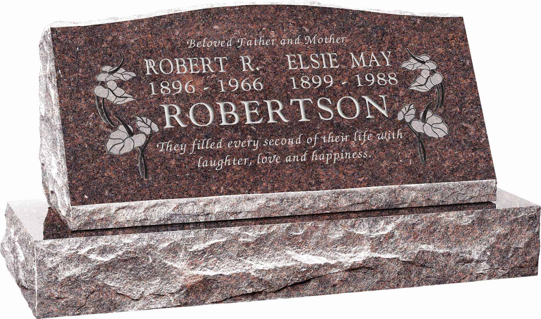 36inch_x_10inch_x_16inch_Serp_Top_Slant_Headstone_polished_front_and_back_with_42inch_base_in_Mahogany_with_design_R-15_Sanded_Panel