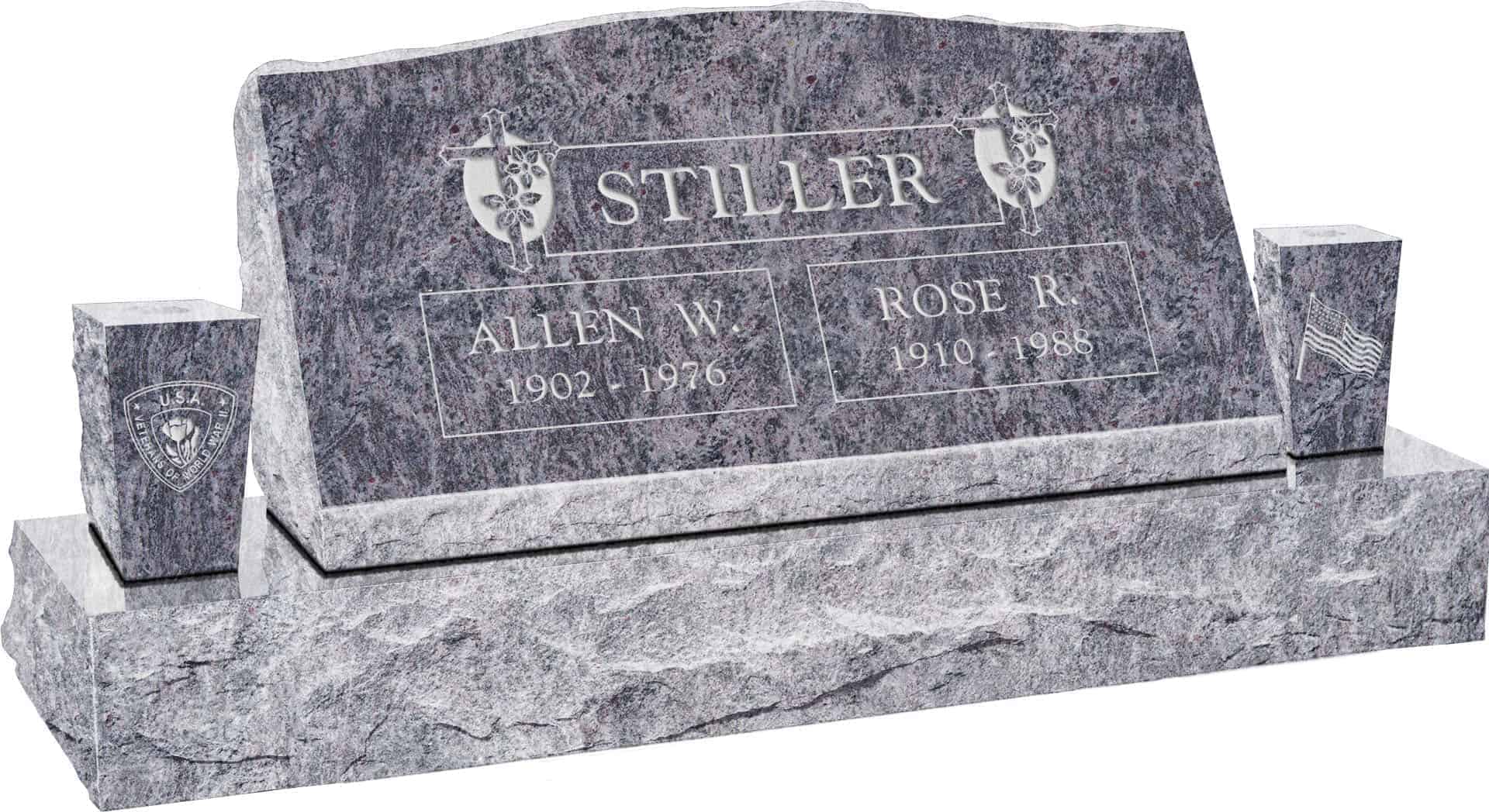 36inch_x_10inch_x_16inch_Serp_Top_Slant_Headstone_polished_front_and_back_with_52inch_base_and_two_square_tapered_vases_in_Bahama_Blue_with_design_R-9 36inch x 10inch x 16inch Serp Top Slant Headstone polished front and back with 52inch base and two square tapered vases in Bahama Blue with design R-9