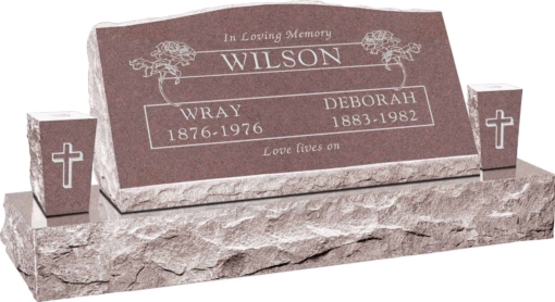 36inch x 10inch x 16inch Serp Top Slant Headstone polished front and back with 52inch base and two square tapered vases in Desert Pink with design B-18