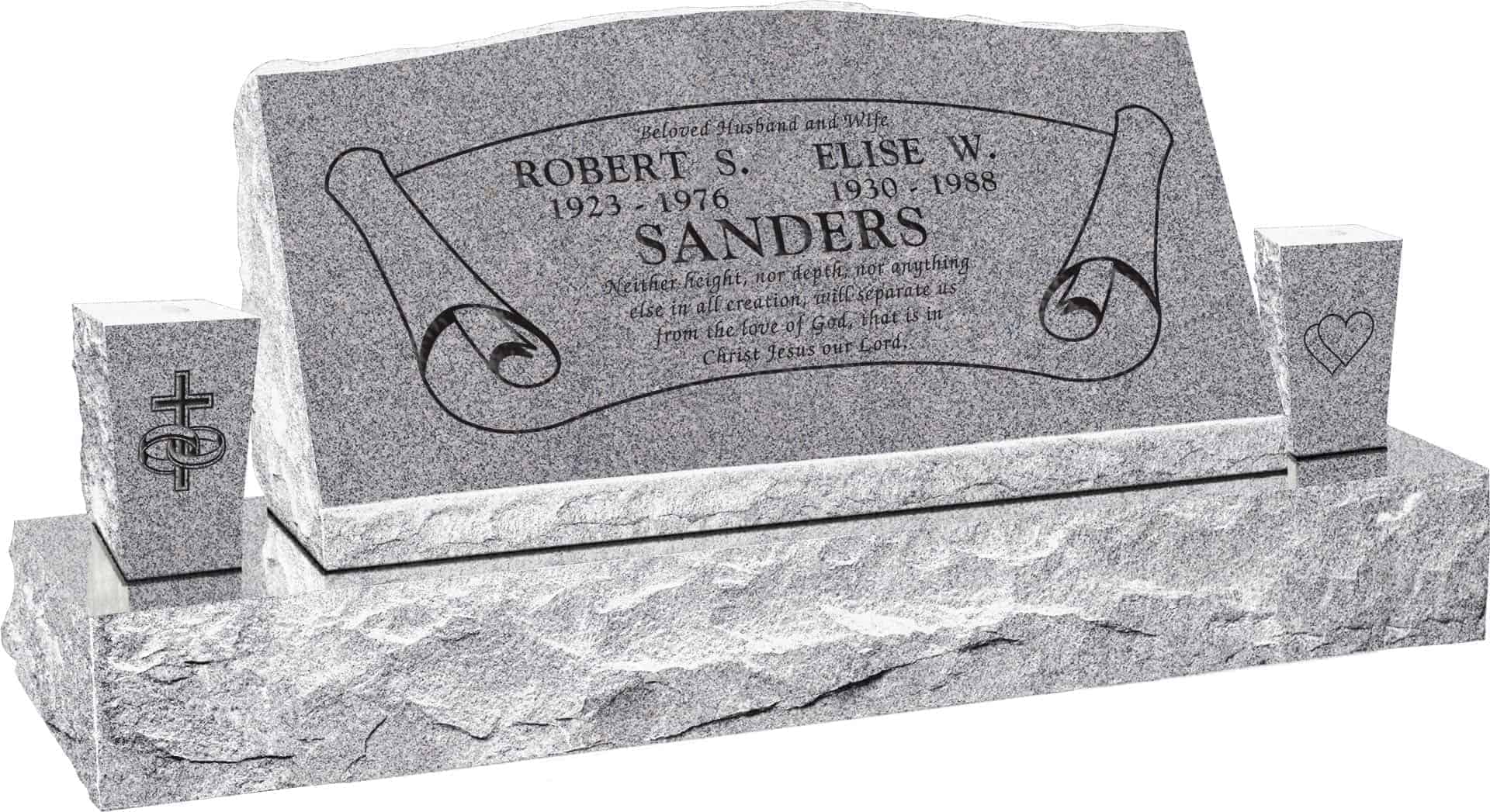 36inch_x_10inch_x_16inch_Serp_Top_Slant_Headstone_polished_front_and_back_with_52inch_base_and_two_square_tapered_vases_in_Grey_with_design_B-7 36inch x 10inch x 16inch Serp Top Slant Headstone polished front and back with 52inch base and two square tapered vases in Grey with design B-7