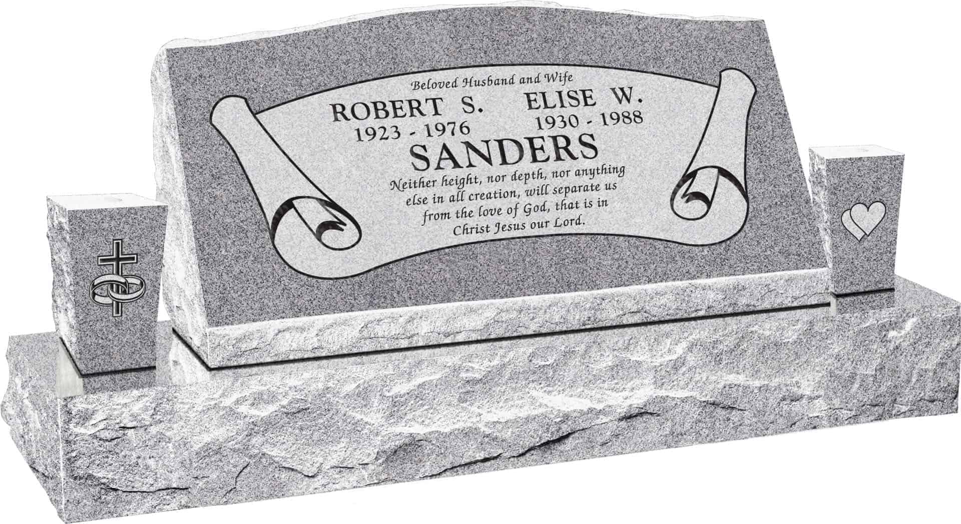 36inch_x_10inch_x_16inch_Serp_Top_Slant_Headstone_polished_front_and_back_with_52inch_base_and_two_square_tapered_vases_in_Grey_with_design_B-7,_Sanded_Panel 36inch x 10inch x 16inch Serp Top Slant Headstone polished front and back with 52inch base and two square tapered vases in Grey with design B-7, Sanded Panel