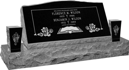 36inch x 10inch x 16inch Serp Top Slant Headstone polished front and back with 52inch base and two square tapered vases in Imperial Black with design F-119