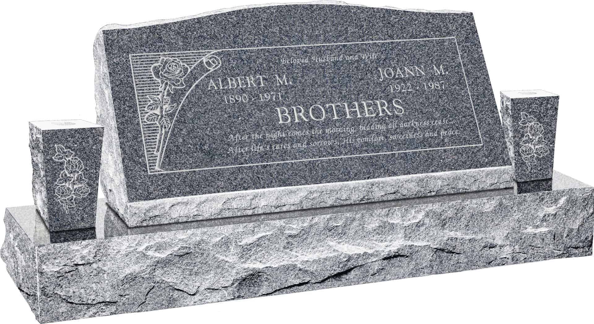 36inch_x_10inch_x_16inch_Serp_Top_Slant_Headstone_polished_front_and_back_with_52inch_base_and_two_square_tapered_vases_in_Imperial_Grey_with_design_B-10 36inch x 10inch x 16inch Serp Top Slant Headstone polished front and back with 52inch base and two square tapered vases in Imperial Grey with design B-10