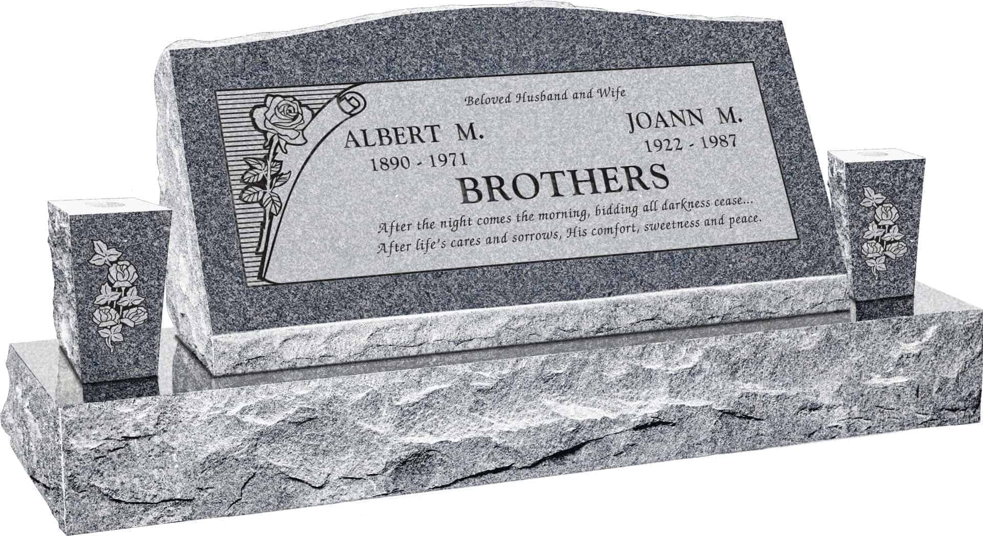 36inch_x_10inch_x_16inch_Serp_Top_Slant_Headstone_polished_front_and_back_with_52inch_base_and_two_square_tapered_vases_in_Imperial_Grey_with_design_B-10_Sanded_Panel 36inch x 10inch x 16inch Serp Top Slant Headstone polished front and back with 52inch base and two square tapered vases in Imperial Grey with design B-10 Sanded Panel