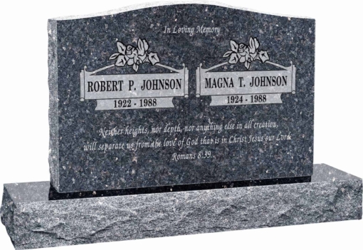36 inch x 6 inch x 24 inch Serp Top Upright Headstone polished front and back with 48 inch Base in Blue Pearl with design B-020