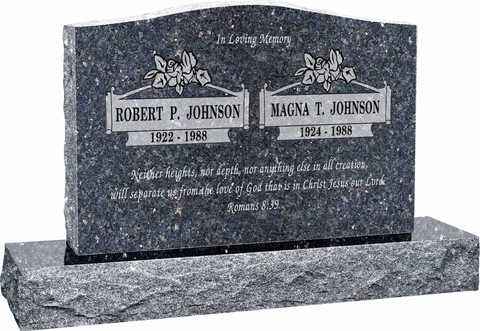 36inch_x_6inch_x_24inch_Serp_Top_Upright_Headstone_polished_front_and_back_with_48inch_Base_in_Blue_Pearl_with_design_B-020_Sanded_Panel 36 inch x 6 inch x 24 inch Serp Top Upright Headstone polished front and back with 48 inch Base in Blue Pearl with design B-020