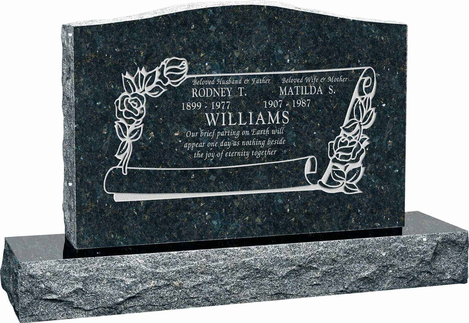 36inch_x_6inch_x_24inch_Serp_Top_Upright_Headstone_polished_front_and_back_with_48inch_Base_in_Emerald_Pearl_with_design_F-409 36 inch x 6 inch x 24 inch Serp Top Upright Headstone polished front and back with 48 inch Base in Emerald Pearl with design F-409