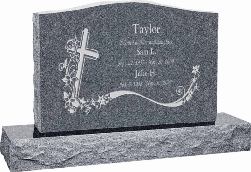 36 inch x 6 inch x 24 inch Serp Top Upright Headstone polished front and back with 48 inch Base in Imperial Grey with design AS-022