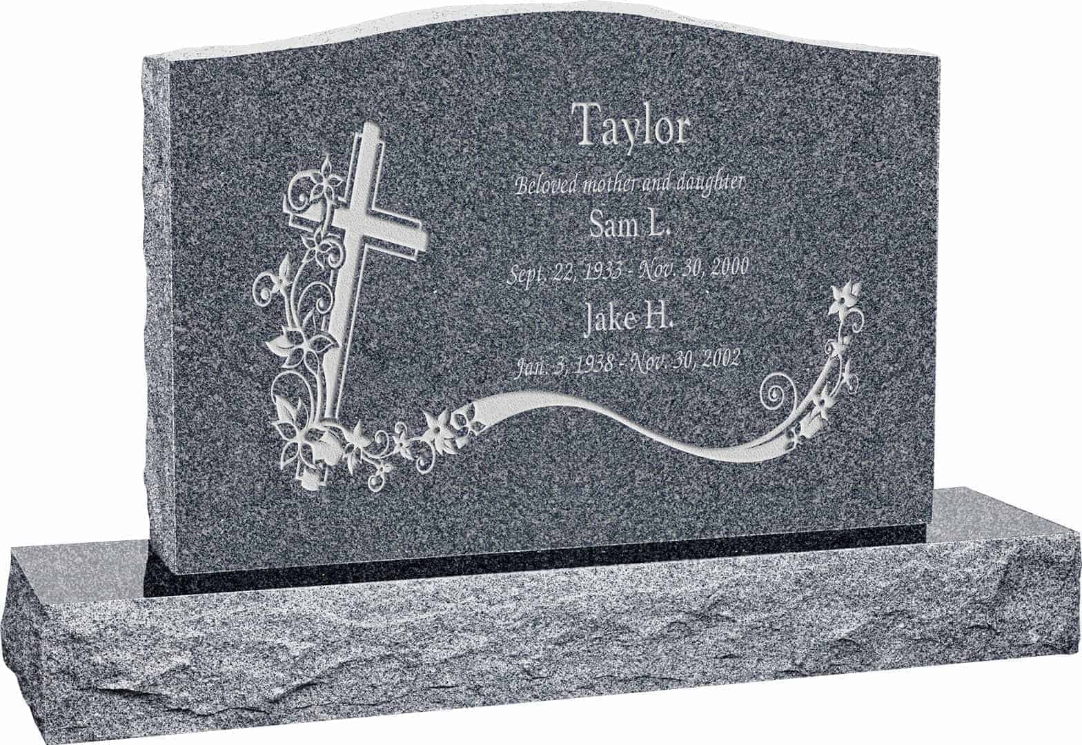 36inch_x_6inch_x_24inch_Serp_Top_Upright_Headstone_polished_front_and_back_with_48inch_Base_in_Imperial_Grey_with_design_AS-022 36 inch x 6 inch x 24 inch Serp Top Upright Headstone polished front and back with 48 inch Base in Imperial Grey with design AS-022