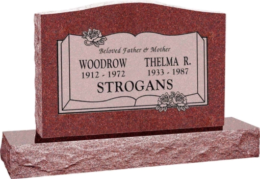 36 inch x 6 inch x 24 inch Serp Top Upright Headstone polished front and back with 48 inch Base in Imperial Red with design B-013 Sanded Panel