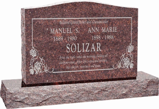 36 inch x 6 inch x 24 inch Serp Top Upright Headstone polished front and back with 48 inch Base in Mahogany with design B-05