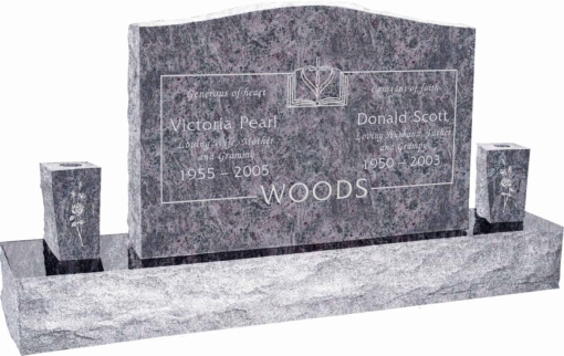 36 inch x 6 inch x 24 inch Serp Top Upright Headstone polished front and back with 60 inch Base and two square tapered Vases in Bahama Blue with design SD-905