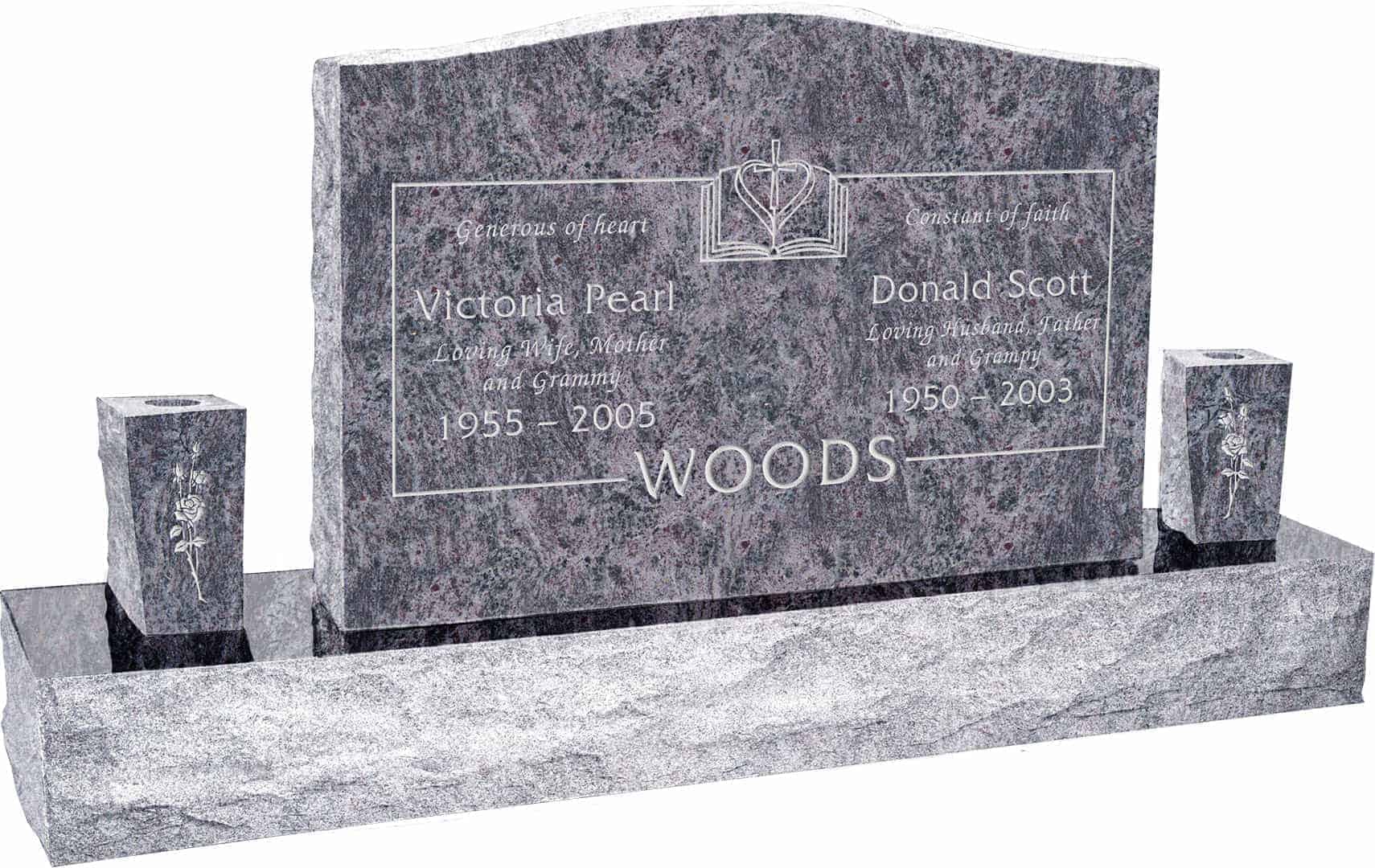 36inch_x_6inch_x_24inch_Serp_Top_Upright_Headstone_polished_front_and_back_with_60inch_Base_and_two_square_tapered_Vases_in_Bahama_Blue_with_design_SD-905 36 inch x 6 inch x 24 inch Serp Top Upright Headstone polished front and back with 60 inch Base and two square tapered Vases in Bahama Blue with design SD-905