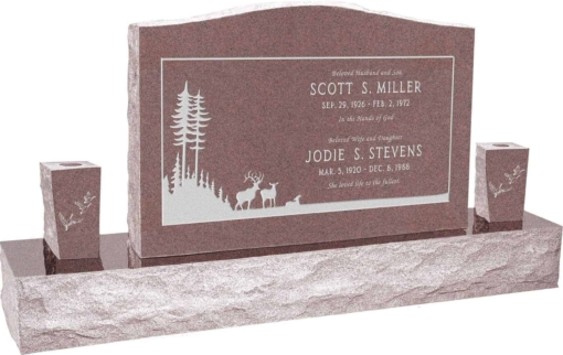 36 inch x 6 inch x 24 inch Serp Top Upright Headstone polished front and back with 60 inch Base and two square tapered Vases in Desert Pink with design SD-412