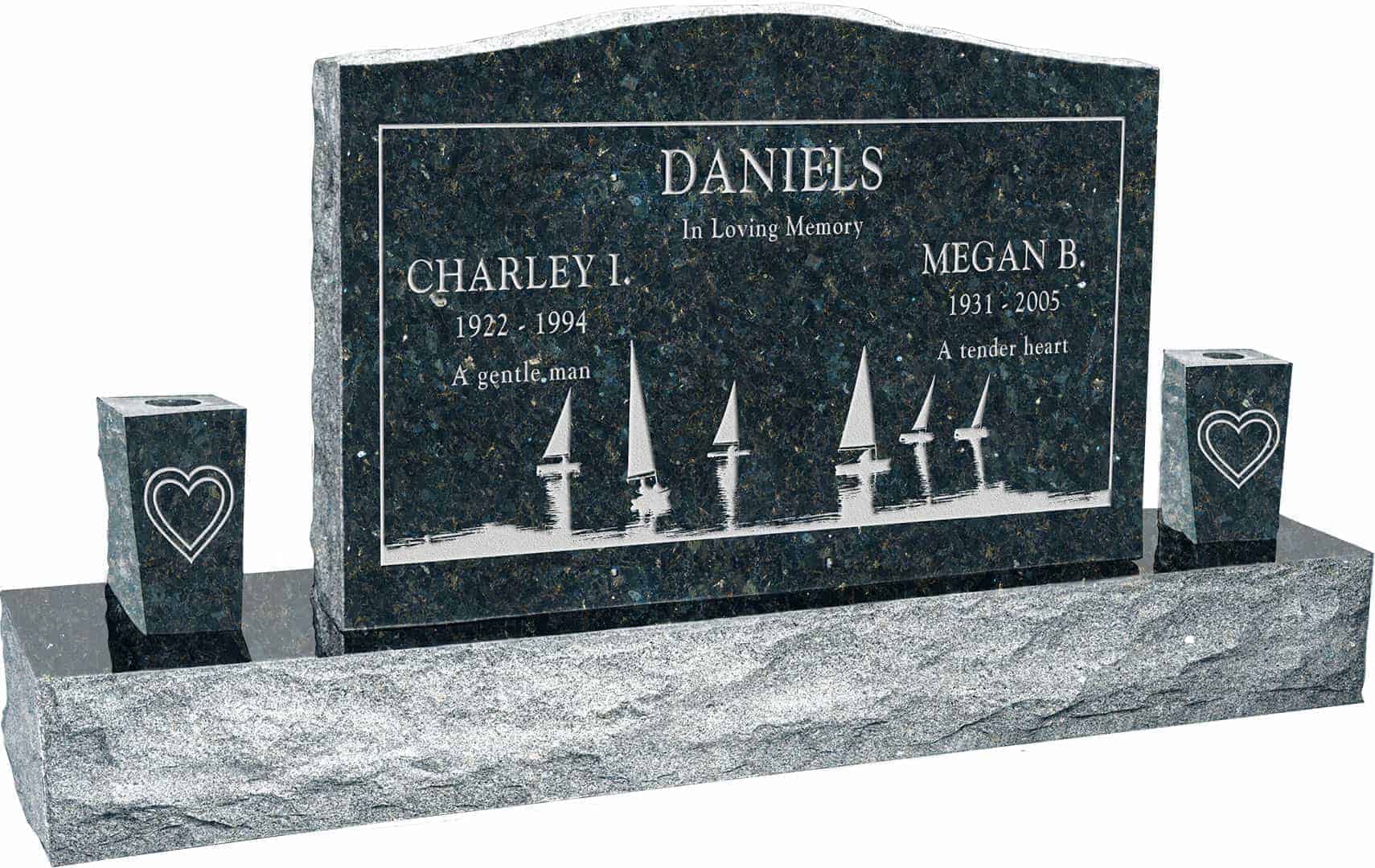 36inch_x_6inch_x_24inch_Serp_Top_Upright_Headstone_polished_front_and_back_with_60inch_Base_and_two_square_tapered_Vases_in_Emerald_Pearl_with_design_SD-414 36 inch x 6 inch x 24 inch Serp Top Upright Headstone polished front and back with 60 inch Base and two square tapered Vases in Emerald Pearl with design SD-414