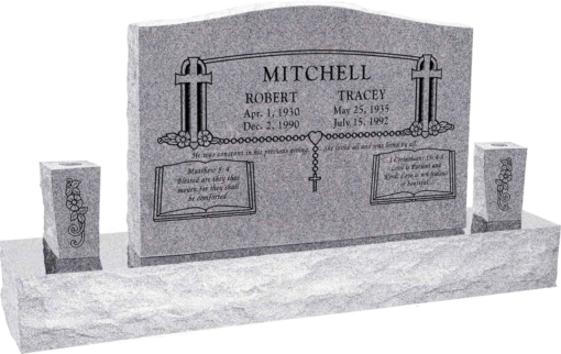36 inch x 6 inch x 24 inch Serp Top Upright Headstone polished front and back with 60 inch Base and two square tapered Vases in Grey with design SD-902