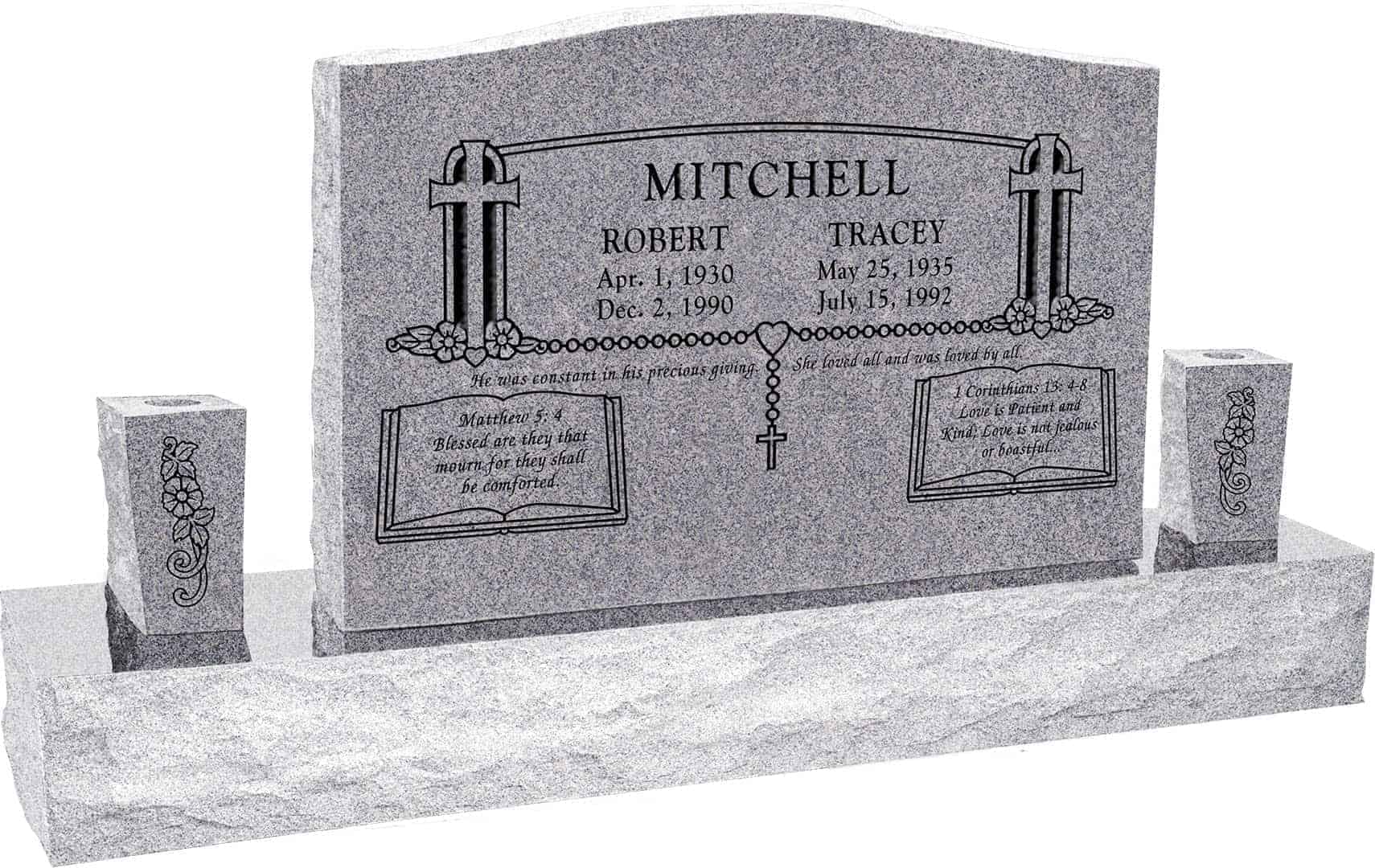36inch_x_6inch_x_24inch_Serp_Top_Upright_Headstone_polished_front_and_back_with_60inch_Base_and_two_square_tapered_Vases_in_Grey_with_design_SD-902 36 inch x 6 inch x 24 inch Serp Top Upright Headstone polished front and back with 60 inch Base and two square tapered Vases in Grey with design SD-902