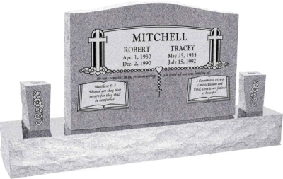 36 inch x 6 inch x 24 inch Serp Top Upright Headstone polished front and back with 60 inch Base and two square tapered Vases in Grey with design SD-902 Saned_Panel