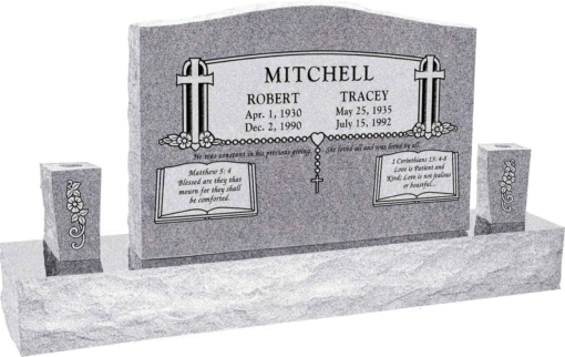 36 inch x 6 inch x 24 inch Serp Top Upright Headstone polished front and back with 60 inch Base and two square tapered Vases in Grey with design SD-902 Saned_Panel