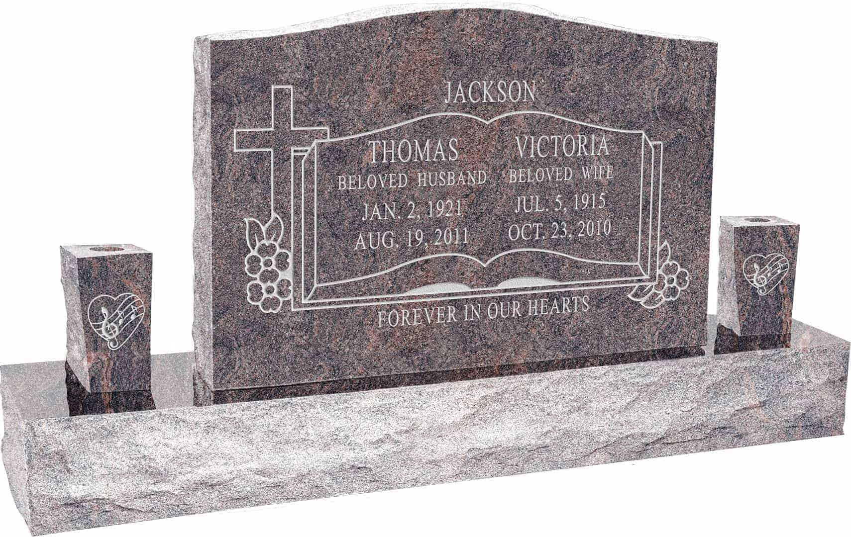 36inch_x_6inch_x_24inch_Serp_Top_Upright_Headstone_polished_front_and_back_with_60inch_Base_and_two_square_tapered_Vases_in_Himalayan_with_design_SD-332 36 inch x 6 inch x 24 inch Serp Top Upright Headstone polished front and back with 60 inch Base and two square tapered Vases in Himalayan with design SD-332