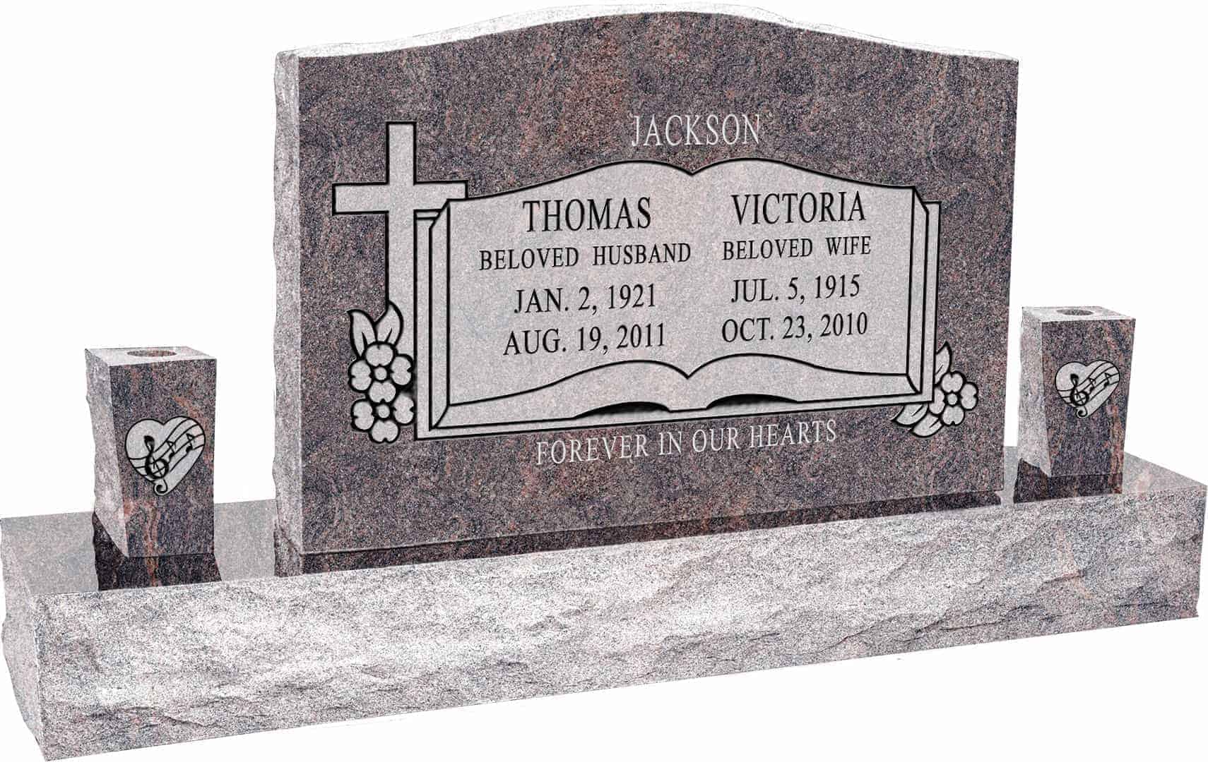 36inch_x_6inch_x_24inch_Serp_Top_Upright_Headstone_polished_front_and_back_with_60inch_Base_and_two_square_tapered_Vases_in_Himalayan_with_design_SD-332_Sanded_Panel 36 inch x 6 inch x 24 inch Serp Top Upright Headstone polished front and back with 60 inch Base and two square tapered Vases in Himalayan with design SD-332 Sanded Panel