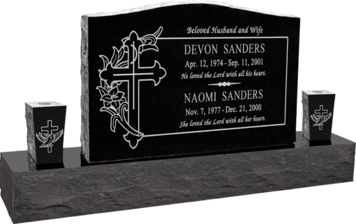 36 inch x 6 inch x 24 inch Serp Top Upright Headstone polished front and back with 60 inch Base and two square tapered Vases in Imperial Black with design SD-330 Sanded Panel