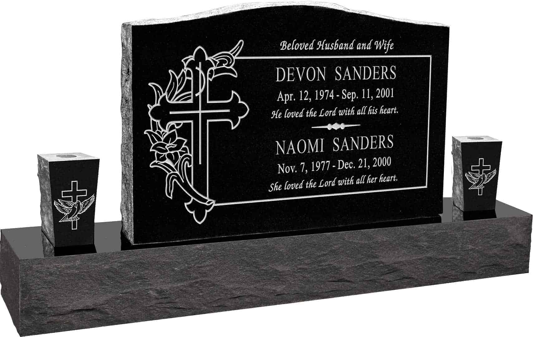 36inch_x_6inch_x_24inch_Serp_Top_Upright_Headstone_polished_front_and_back_with_60inch_Base_and_two_square_tapered_Vases_in_Imperial_Black_with_design_SD-330 36 inch x 6 inch x 24 inch Serp Top Upright Headstone polished front and back with 60 inch Base and two square tapered Vases in Imperial Black with design SD-330 Sanded Panel